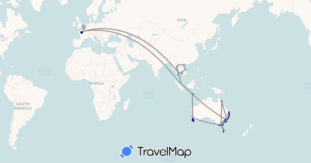 TravelMap itinerary: driving, bus, plane, cycling, train, boat in Australia, France, Indonesia, Cambodia, Laos, Singapore, Thailand, Vietnam (Asia, Europe, Oceania)